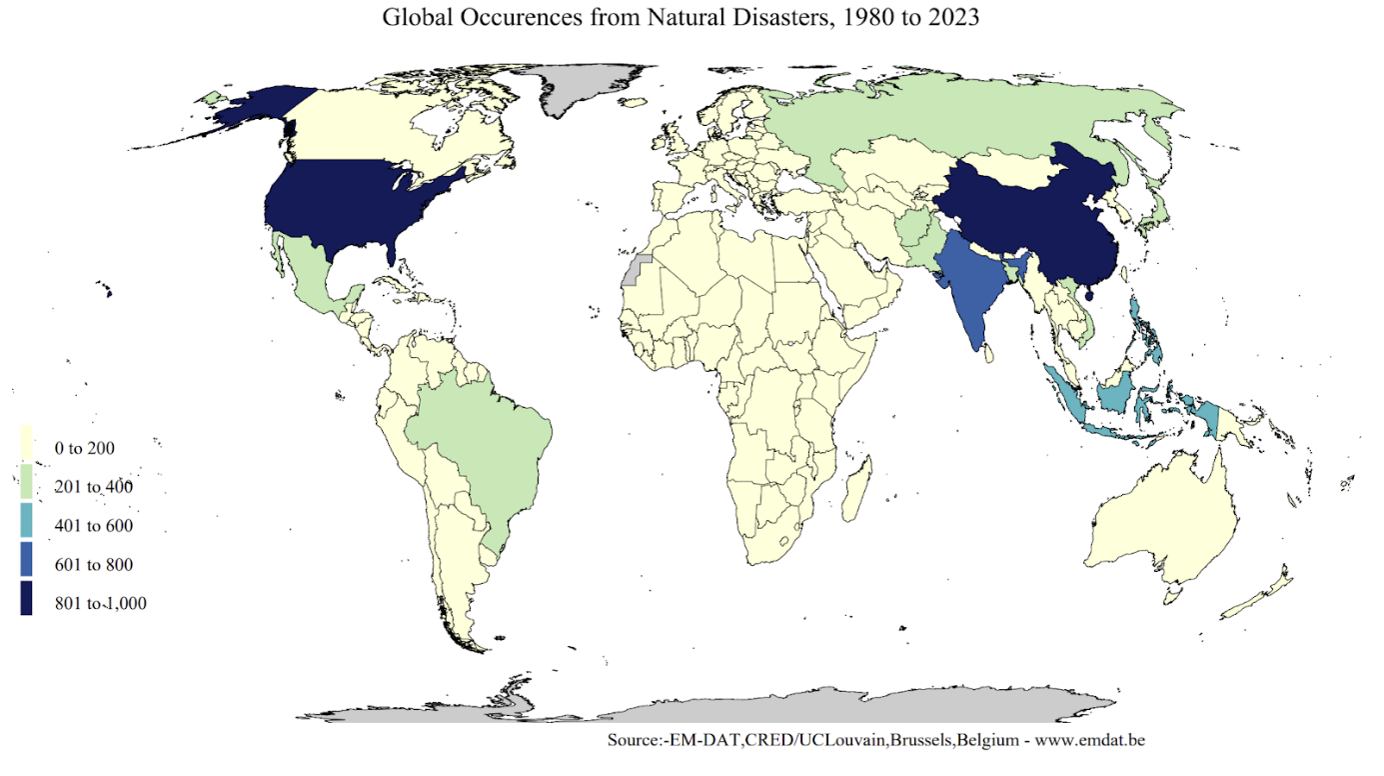 Global occurrences of natural disasters by country between 1980 - 2023