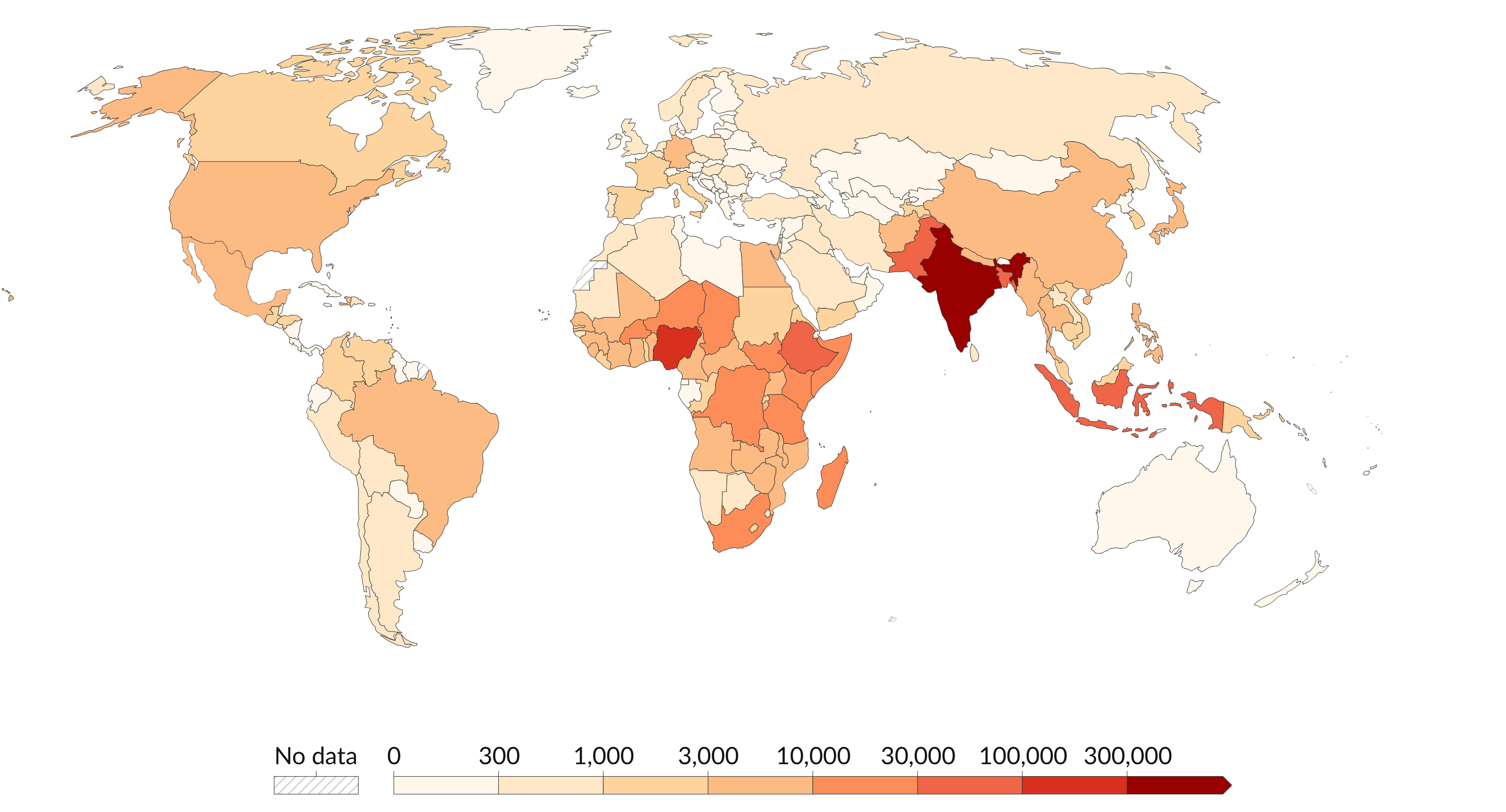 Map of the world showing mortality per 100,000 children under 5 from diarrhoeal disease in countries with data