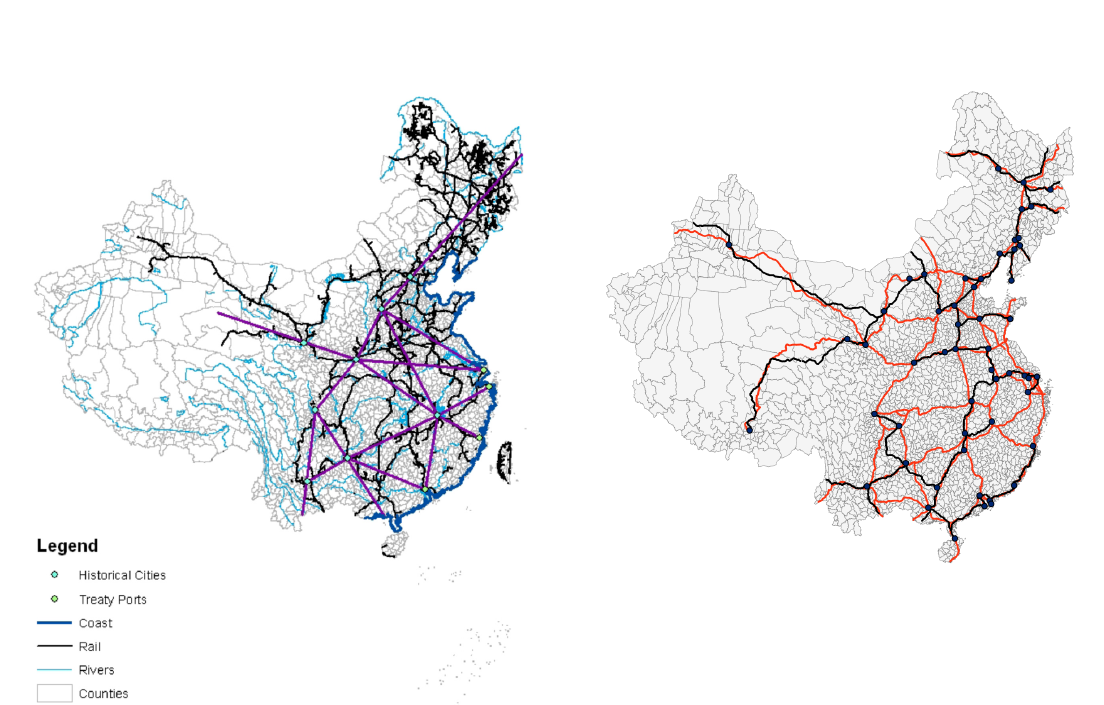 (a) Straight-line instrument, Banerjee et al. (2020)&nbsp;&nbsp;&nbsp;&nbsp;&nbsp;&nbsp;&nbsp;&nbsp;&nbsp;&nbsp;&nbsp;&nbsp; (b) Least-cost instrument, Faber (2014)  Notes: Both images taken directly from the papers referenced. The instrument in Banerjee et al. (2020) (purple lines) draws a straight line between historically important cities and between historically important cities and the nearest port. The least-cost instrument in Faber (2014) calculates the least-cost path between any two cities by using remotely sensed data on land cover and elevation to characterise costs, and then applying Dijkstra’s optimal route algorithm to find the minimum number of connections needed to connect all cities.