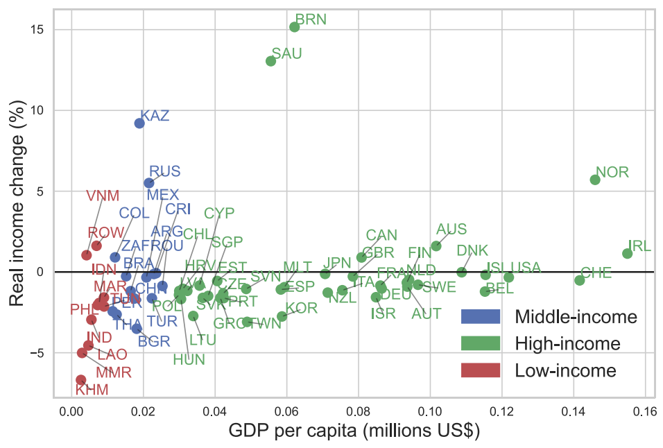 Real income changes under producer carbon taxes