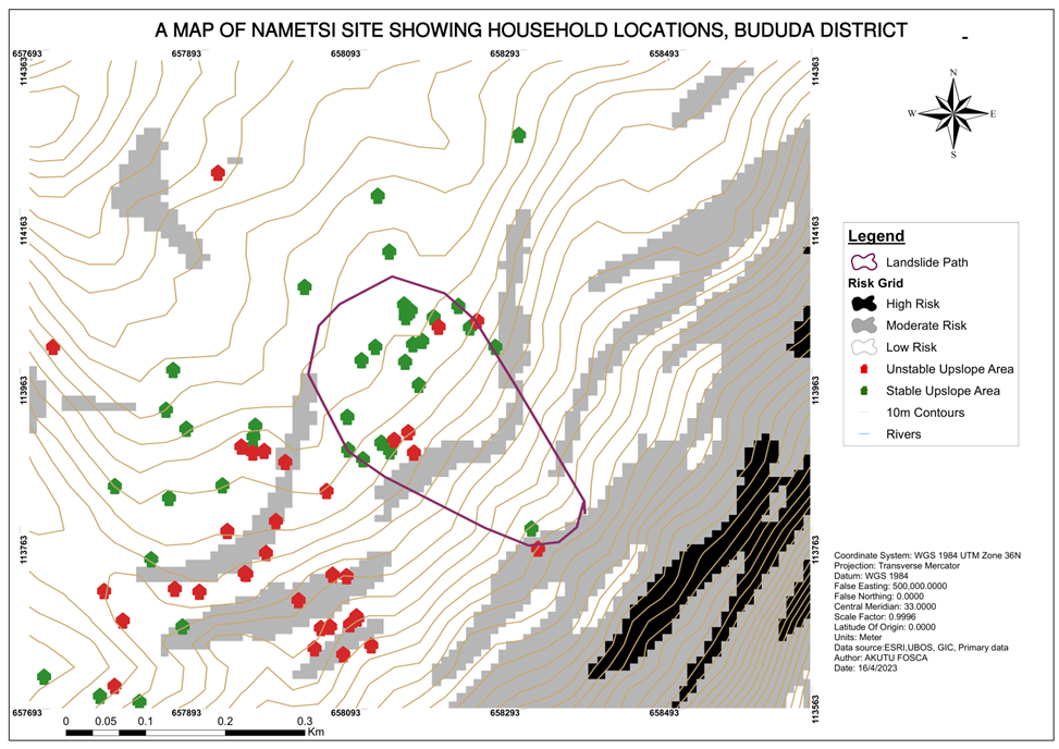 Map of landslide site showing soil instability, upslope instability, and exact landslide path