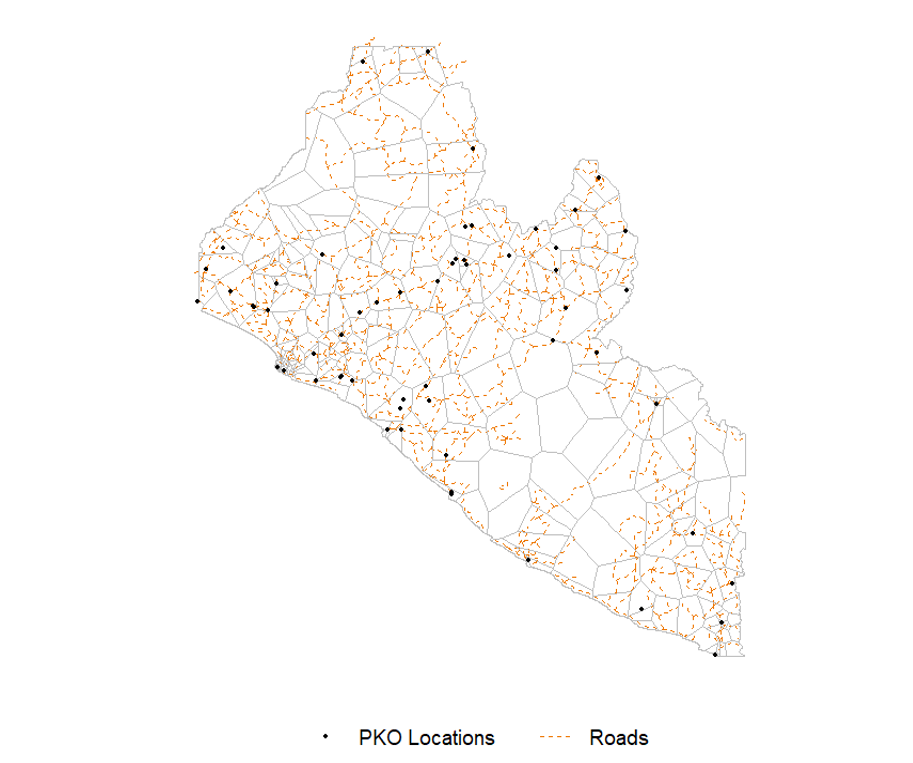 Liberia road network (orange) and peacekeeping locations