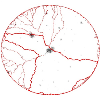 Drainage basins and lights at night around Cascavel, Brazil