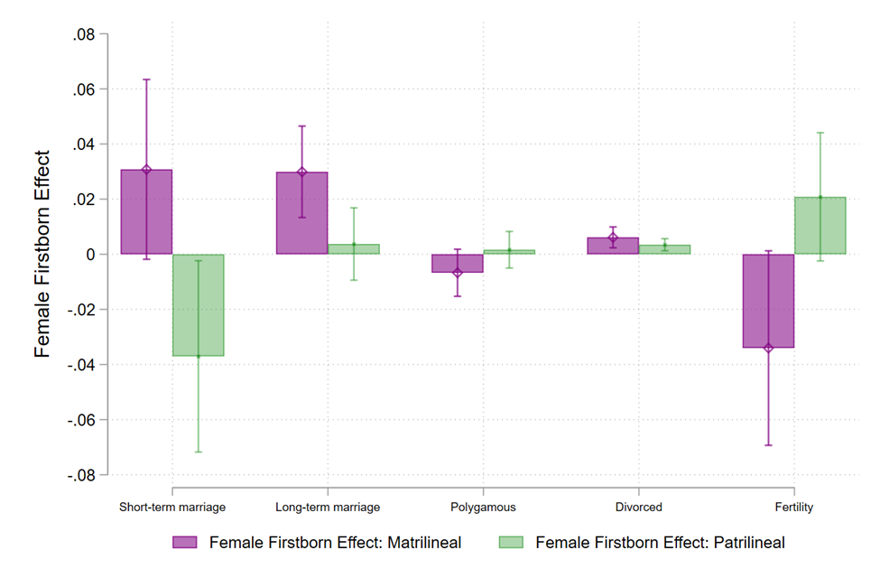 Female firstborn effect on family structure by kinship system