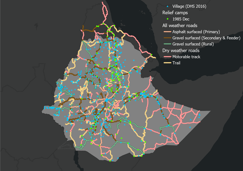 1985 relief camps and DHS sample villages in Ethiopia