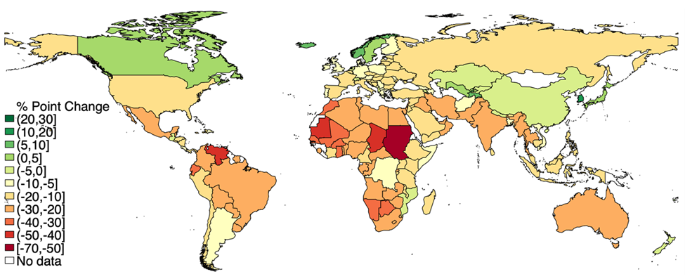 Relative impacts of global warming on agricultural vs manufacturing productivity (High Emissions Scenario)