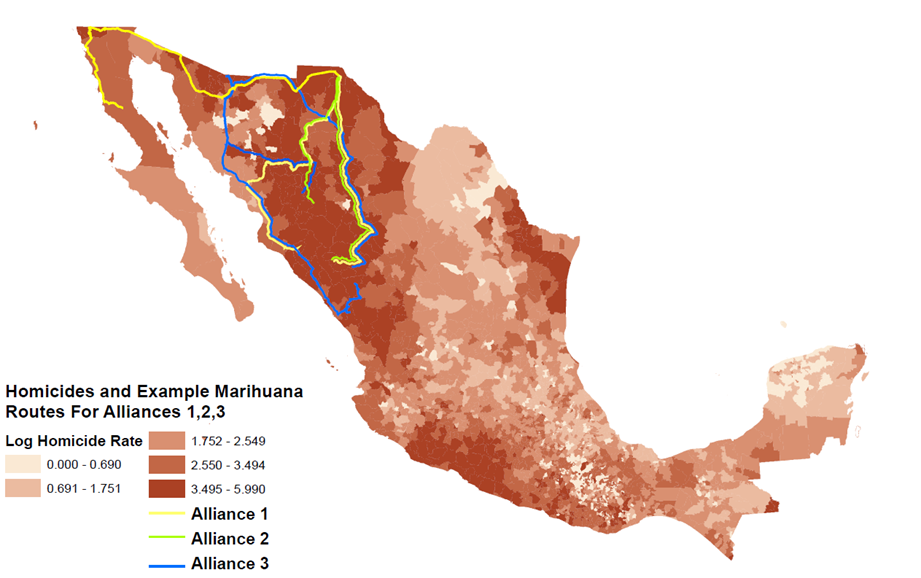 Marijuana route examples in 2010 and the log homicide rate in 2010