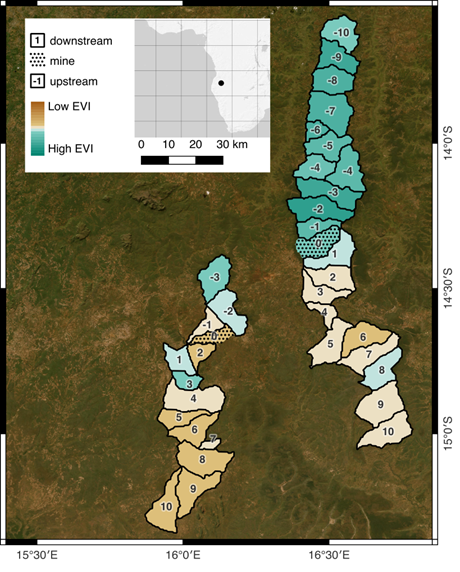 Chains of river basins around two mines in Angola