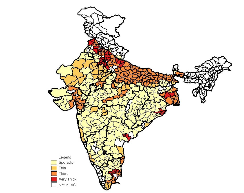 Map of Indian districts in the IAC, shaded by aquifer thickness