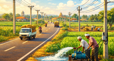 farmers irrigating rice fields at sunset