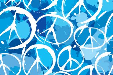 peace symbols on a blue background representing this podcasts theme of promoting peace