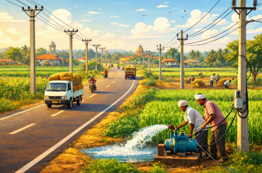 farmers irrigating rice fields at sunset